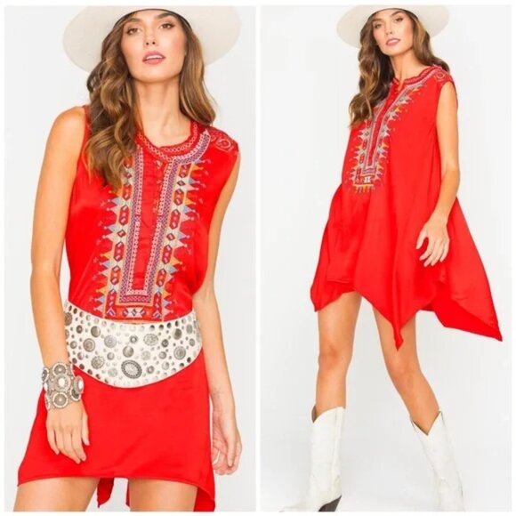 Johnny Was Red Embroidered Versairo Crinkle Satin Tunic Top / Dress Large - Picture 1 of 7
